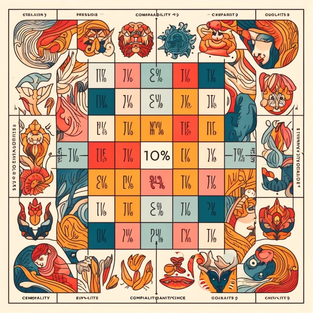 DALL·E 2024 05 17 05.47.18 A visual chart showing the compatibility percentages between zodiac signs. The chart should include a grid with each zodiac sign listed horizontally a - الأبراج الفلكية: الميزات والعيوب ونسبة التوافق بينها