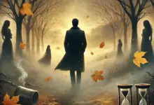 DALL·E 2024 09 12 14.19.39 A somber autumn scene with a man standing alone his back to the viewer wearing a dark coat. He is looking toward a distant misty horizon. Yellow an 220x150 - الدرك الأسفل من الخزي