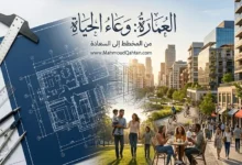 تصميم فني يدمج بين مخطط هندسي ومدينة حقيقية نابضة بالحياة يوضح دور المعماري في تحويل المخططات الى سعادة ملموسة.