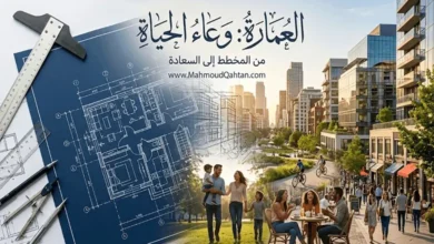 دورُ المعماريِّ في صياغةِ جودةِ الحياةِ تصميم فني يدمج بين مخطط هندسي ومدينة حقيقية نابضة بالحياة يوضح دور المعماري في تحويل المخططات الى سعادة ملموسة.