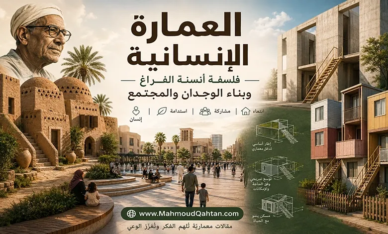 العمارة الإنسانية: فلسفة أنسنة الفراغ وبناء الوجدان والمجتمع العمارة الإنسانية: فلسفة أنسنة الفراغ وبناء الوجدان والمجتمع، مع تصور بصري يجمع العمارة الطينية، والفراغات الحضرية الصديقة للإنسان، والعمارة التشاركية.