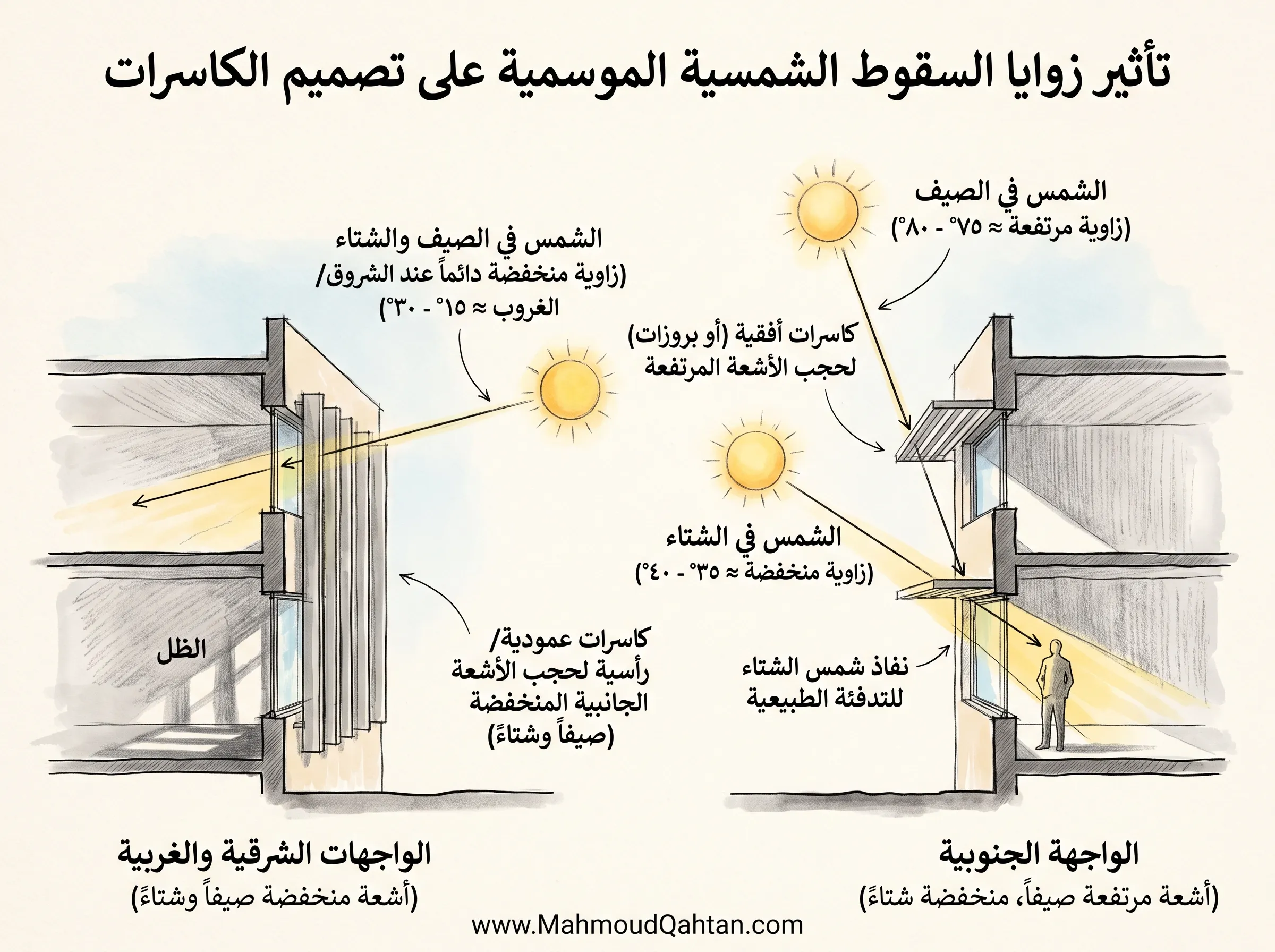 مبادئ العمارة الخضراء في التصميم المعماري: 12 مبدأ لبناء أكثر استدامة وكفاءة قطاع معماري يوضح تأثير زوايا السقوط الشمسية على تصميم كاسرات الشمس: كاسرات أفقية لحجب الشمس المرتفعة صيفًا وتمريرها شتاءً في الواجهات الجنوبية، وكاسرات رأسية لحجب الأشعة المائلة صيفاً وشتاءً في الواجهات الشرقية والغربية.