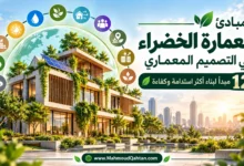 مبادئ العمارة الخضراء في التصميم المعماري، مبنى مستدام يضم ألواحًا شمسية وواجهات خضراء وعناصر لترشيد الموارد.