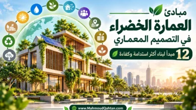 مبادئ العمارة الخضراء في التصميم المعماري: 12 مبدأ لبناء أكثر استدامة وكفاءة مبادئ العمارة الخضراء في التصميم المعماري، مبنى مستدام يضم ألواحًا شمسية وواجهات خضراء وعناصر لترشيد الموارد.